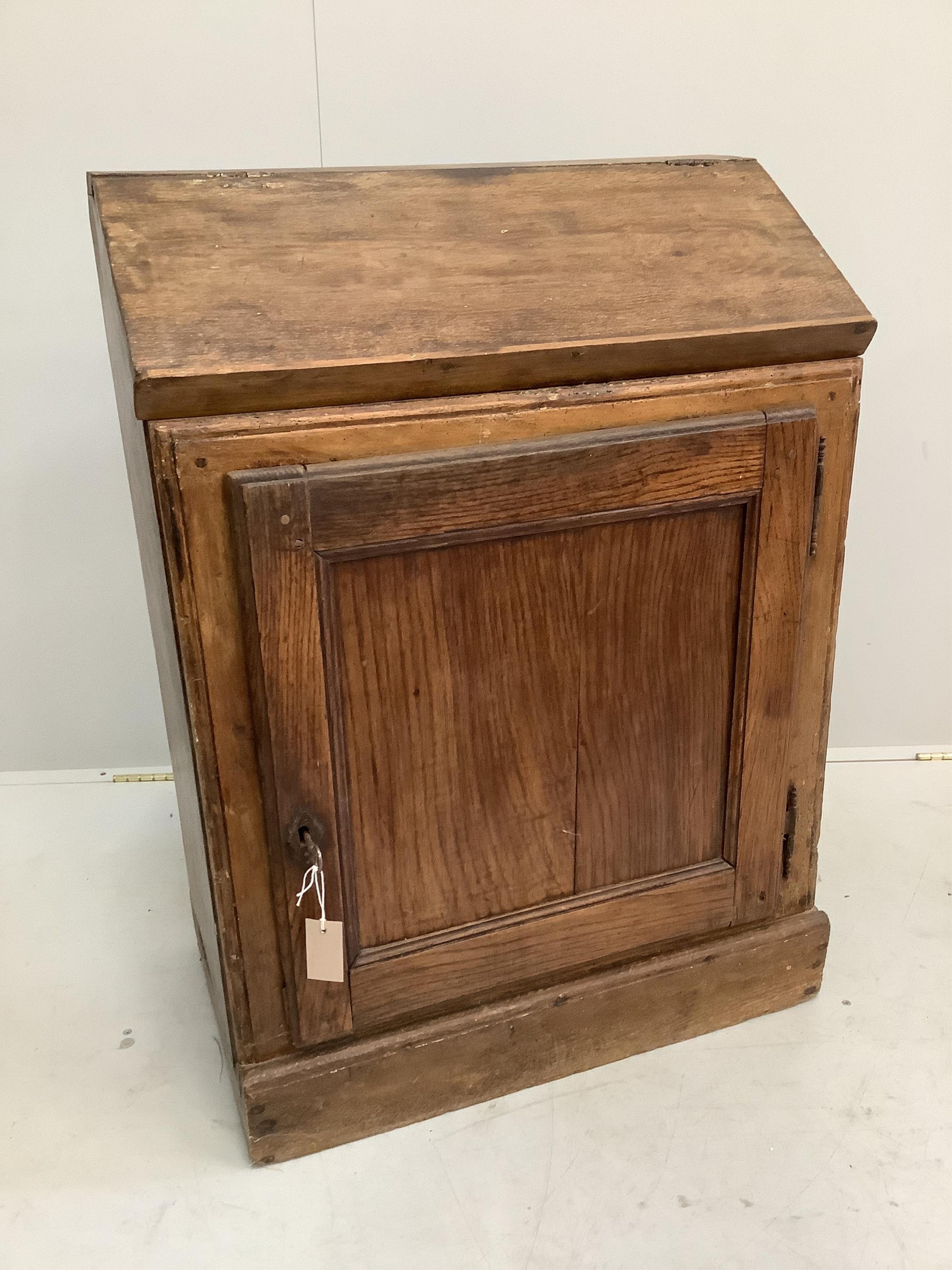 A small 19th century Continental oak and fruitwood bureau, width 70cm, depth 35cm, height 95cm. Condition - fair